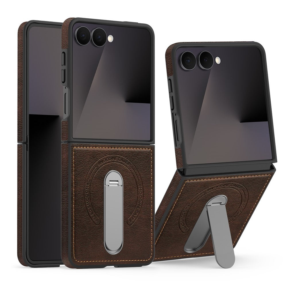 For Samsung Galaxy Z Flip7 5G Magnetic Case Rotating Kickstand Leather Coated PC Phone Cover