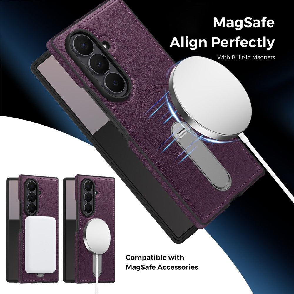 For Samsung Galaxy Z Fold7 5G Magnetic Case Rotating Kickstand Leather Coated PC Phone Cover