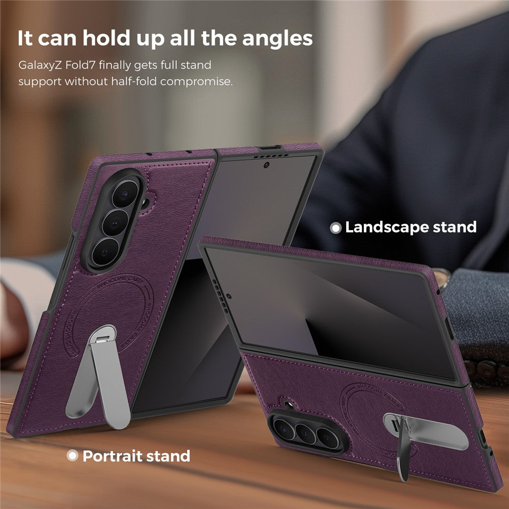 For Samsung Galaxy Z Fold7 5G Magnetic Case Rotating Kickstand Leather Coated PC Phone Cover