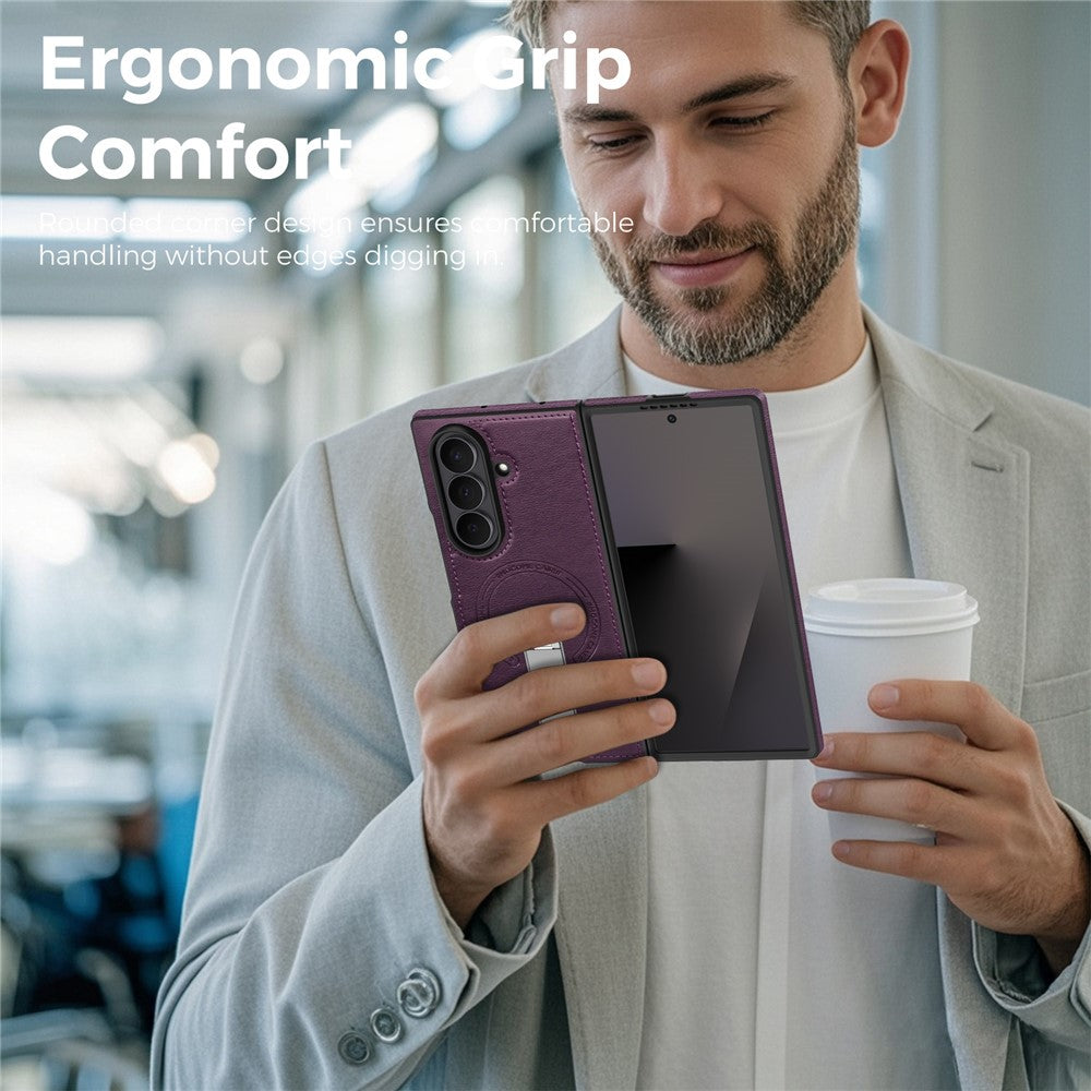 For Samsung Galaxy Z Fold7 5G Magnetic Case Rotating Kickstand Leather Coated PC Phone Cover