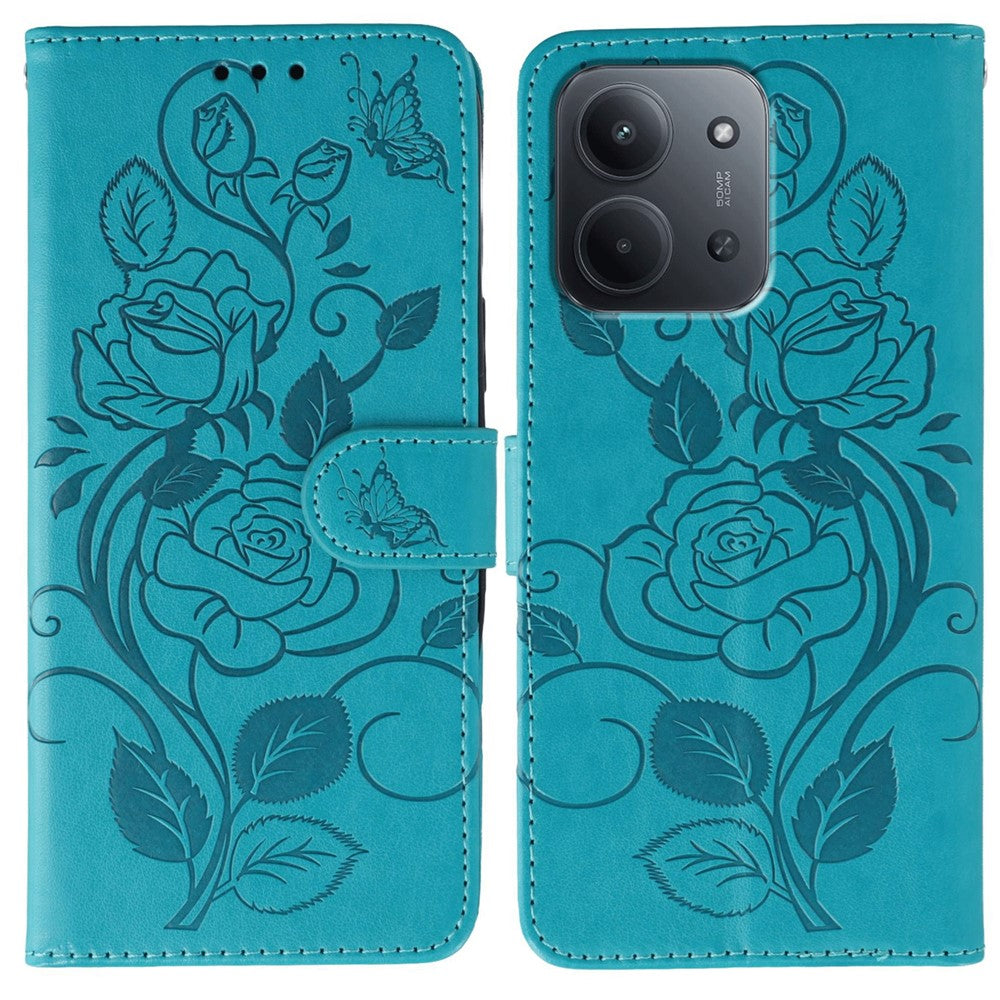 For Xiaomi Redmi 15C 5G (EU) (173mm) / 15C 4G (EU) (173mm) Case Wallet Stand Imprinted Rose Butterfly PU Leather Phone Cover