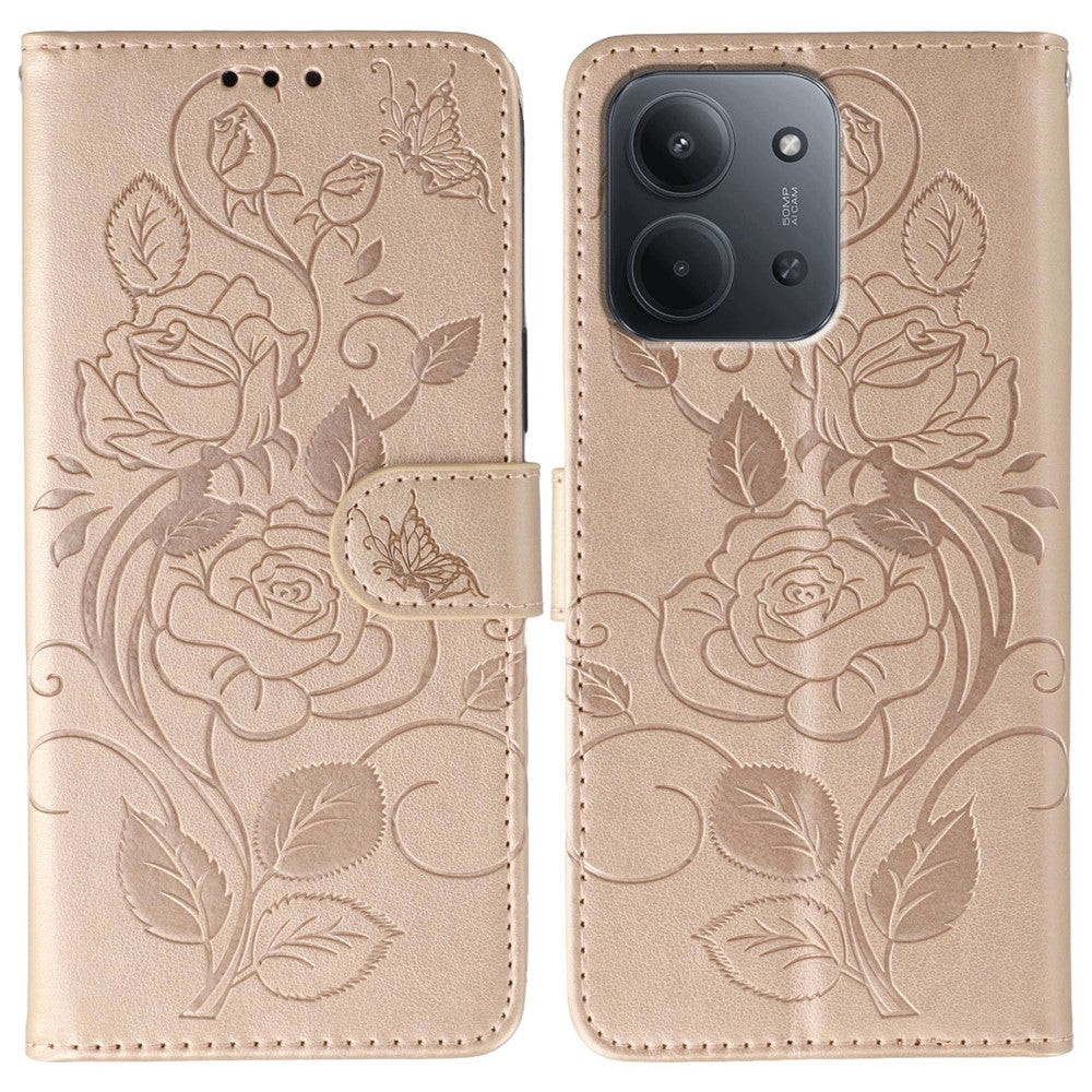 For Xiaomi Redmi 15C 5G (EU) (173mm) / 15C 4G (EU) (173mm) Case Wallet Stand Imprinted Rose Butterfly PU Leather Phone Cover