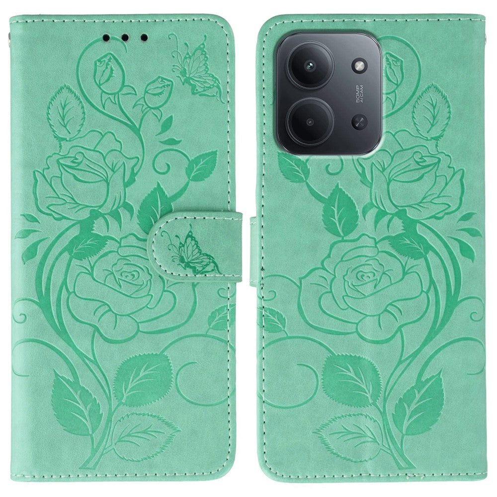 For Xiaomi Redmi 15C 5G (EU) (173mm) / 15C 4G (EU) (173mm) Case Wallet Stand Imprinted Rose Butterfly PU Leather Phone Cover
