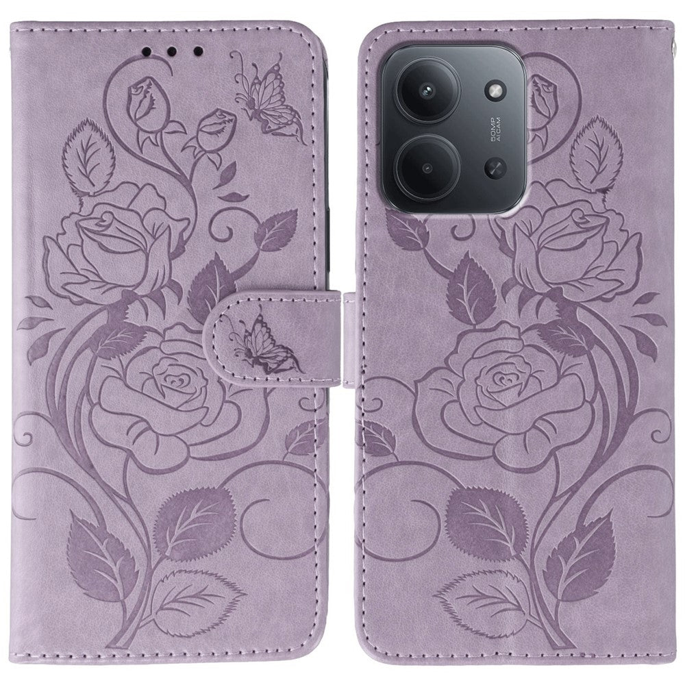 For Xiaomi Redmi 15C 5G (EU) (173mm) / 15C 4G (EU) (173mm) Case Wallet Stand Imprinted Rose Butterfly PU Leather Phone Cover