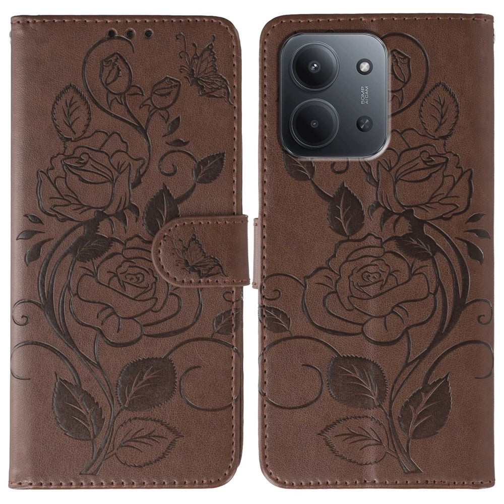 For Xiaomi Redmi 15C 5G (EU) (173mm) / 15C 4G (EU) (173mm) Case Wallet Stand Imprinted Rose Butterfly PU Leather Phone Cover