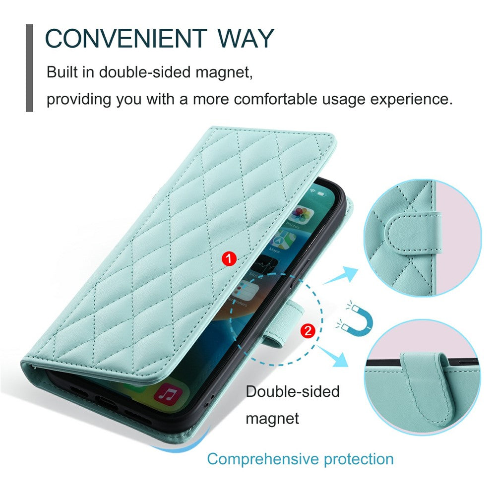 iPhone 17 Wallet-Hülle – Rautenmuster mit Geldbörsenfunktion & Riemen