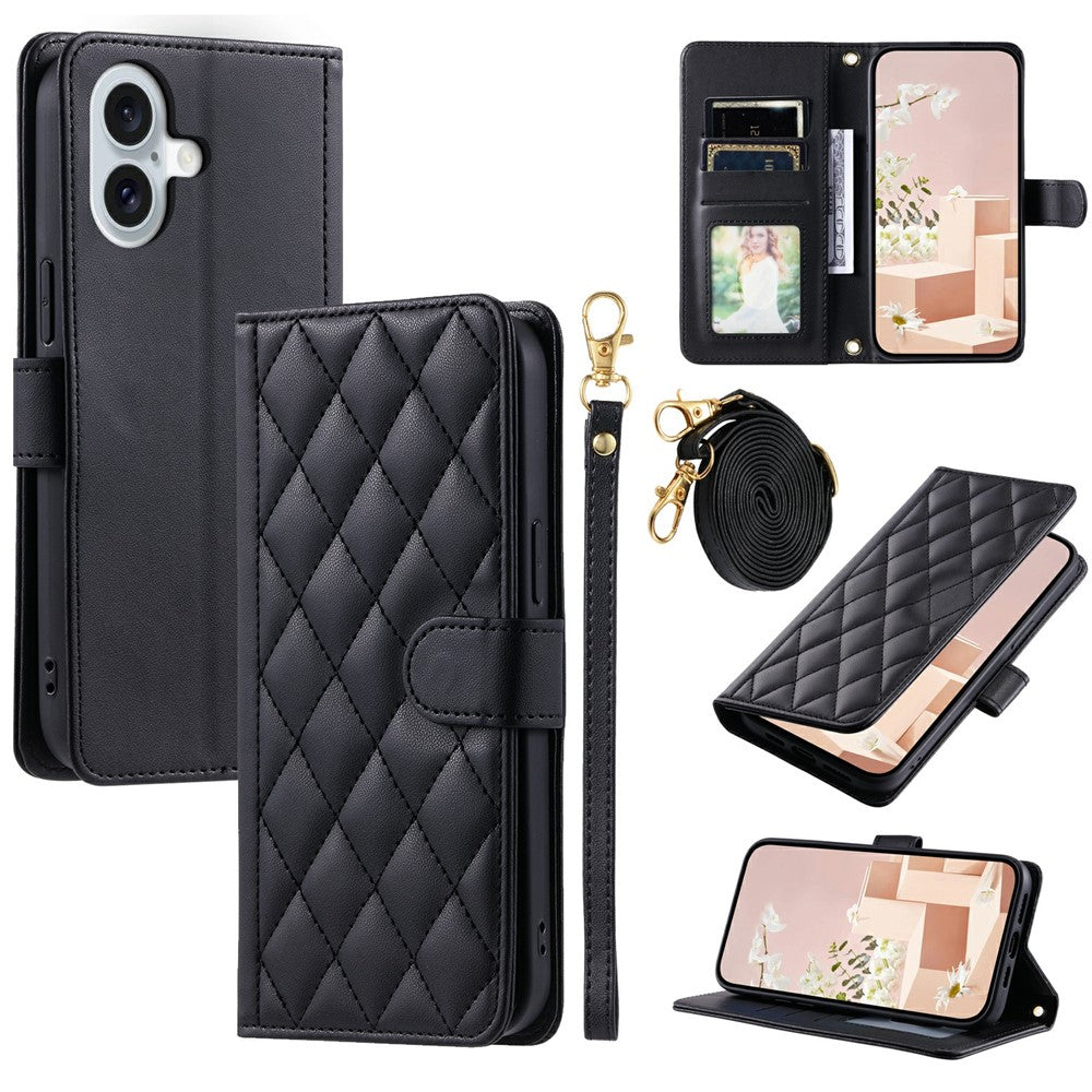 iPhone 17 Wallet-Hülle – Rautenmuster mit Geldbörsenfunktion & Riemen