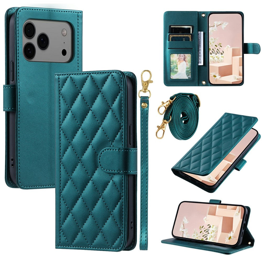 iPhone 17 Pro Wallet-Hülle – Rautenmuster mit Geldbörsenfunktion & Riemen