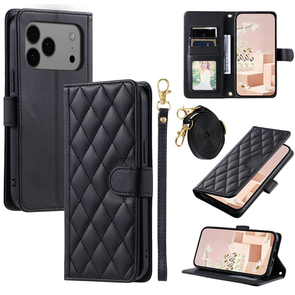 iPhone 17 Pro Wallet-Hülle – Rautenmuster mit Geldbörsenfunktion & Riemen