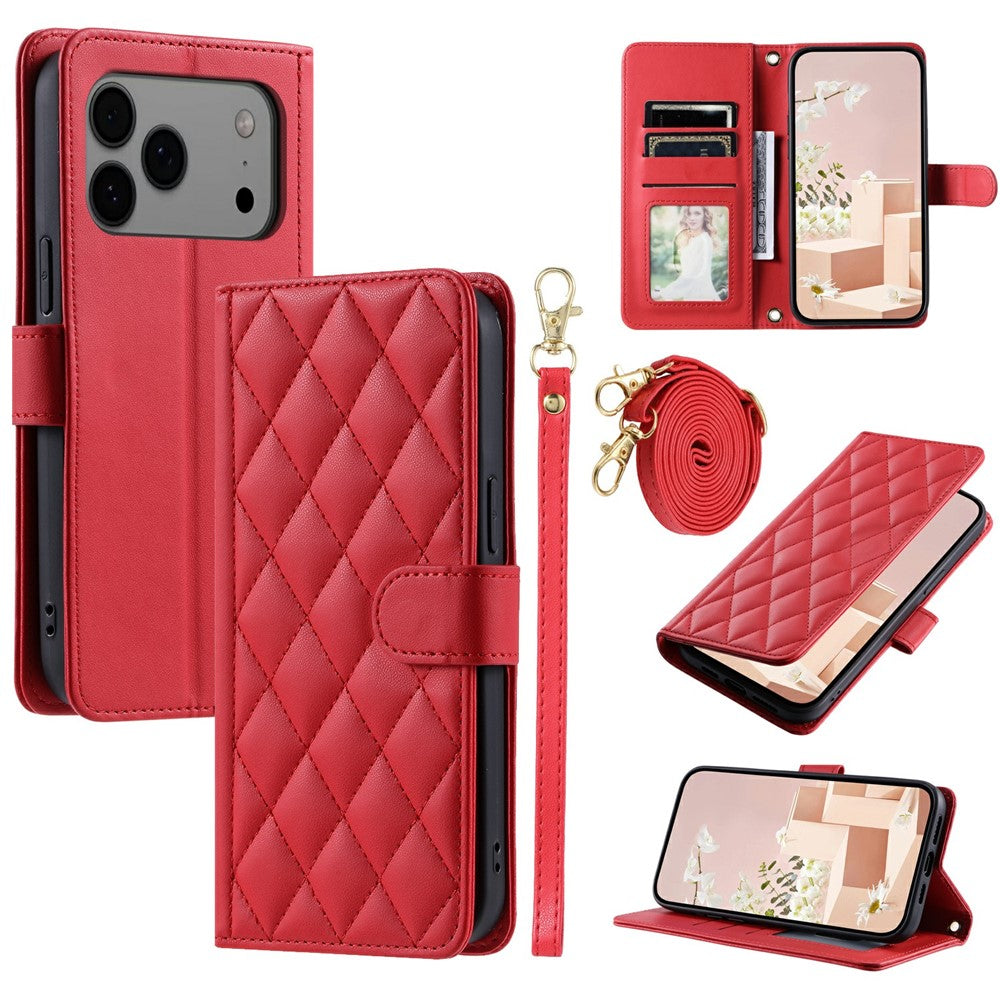 iPhone 17 Pro Wallet-Hülle – Rautenmuster mit Geldbörsenfunktion & Riemen