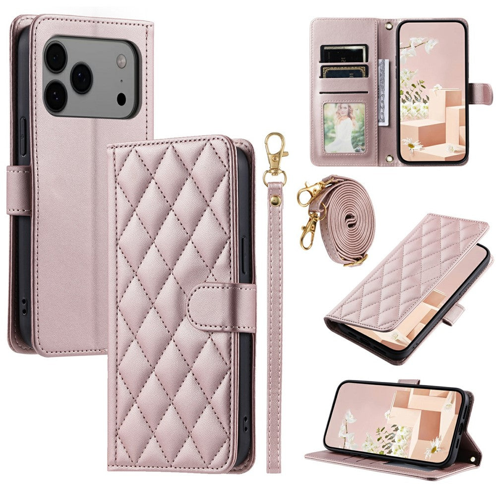iPhone 17 Pro Max Wallet-Hülle – Rautenmuster mit Geldbörsenfunktion & Riemen