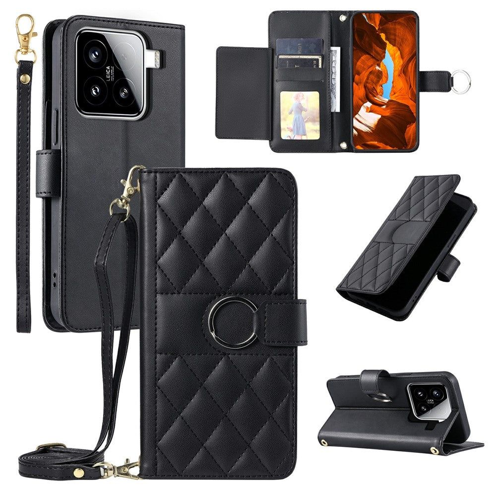 For Xiaomi 15 Case Ring Buckle Wallet Stand Rhombus Crossbody Leather Mobile Cover