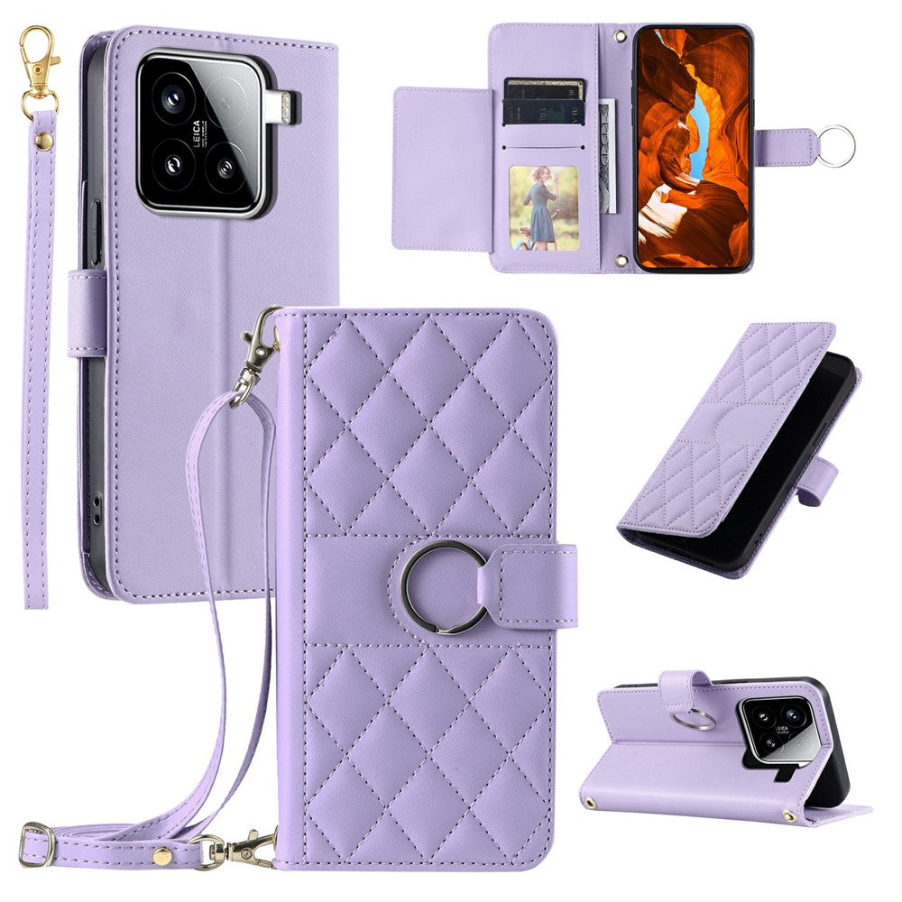 For Xiaomi 15 Case Ring Buckle Wallet Stand Rhombus Crossbody Leather Mobile Cover