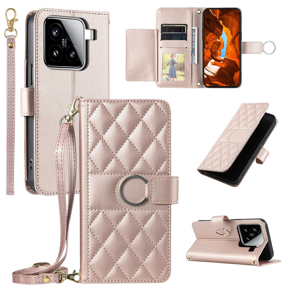 For Xiaomi 15 Case Ring Buckle Wallet Stand Rhombus Crossbody Leather Mobile Cover