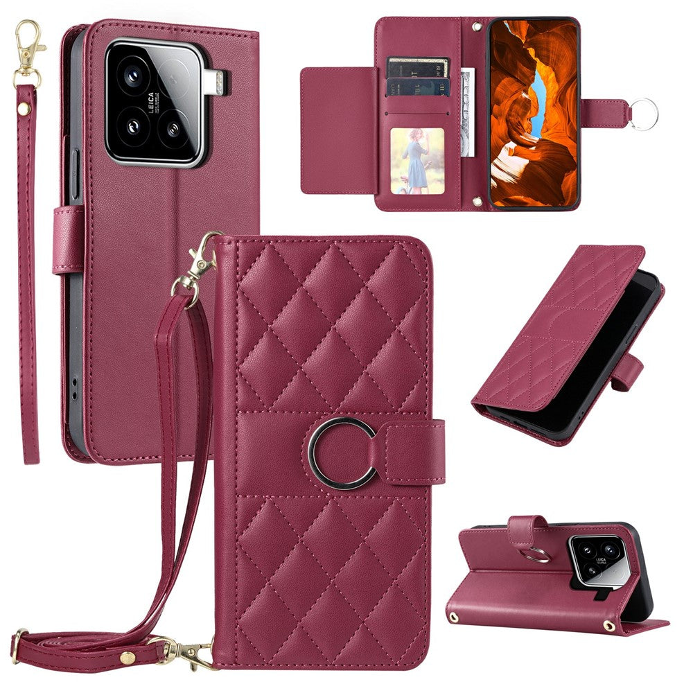 For Xiaomi 15 Case Ring Buckle Wallet Stand Rhombus Crossbody Leather Mobile Cover
