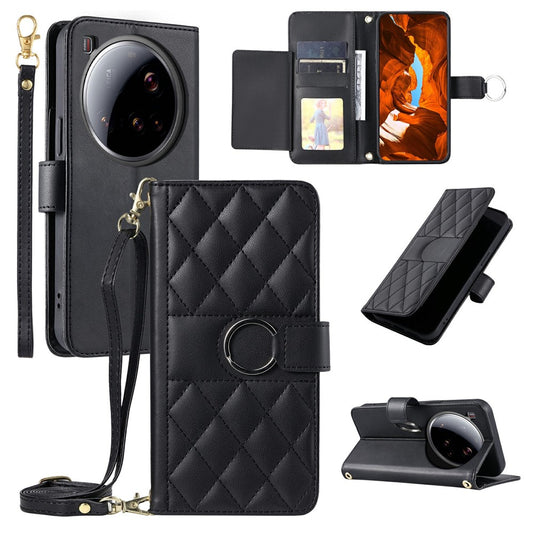 Xiaomi 15 Ultra Handyhülle – Ring Schnalle Brieftasche Ständer Rhombus Crossbody Leder Mobile