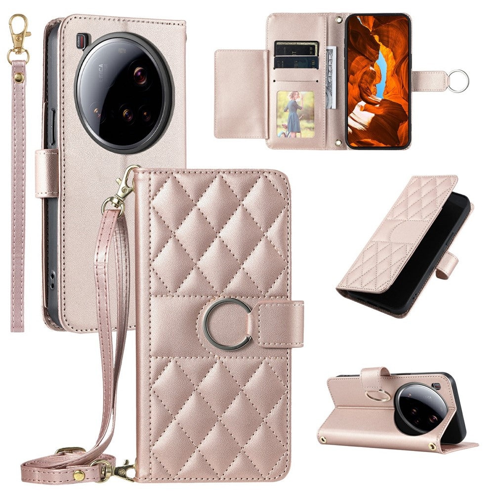 For Xiaomi 15 Ultra Case Ring Buckle Wallet Stand Rhombus Crossbody Leather Mobile Cover