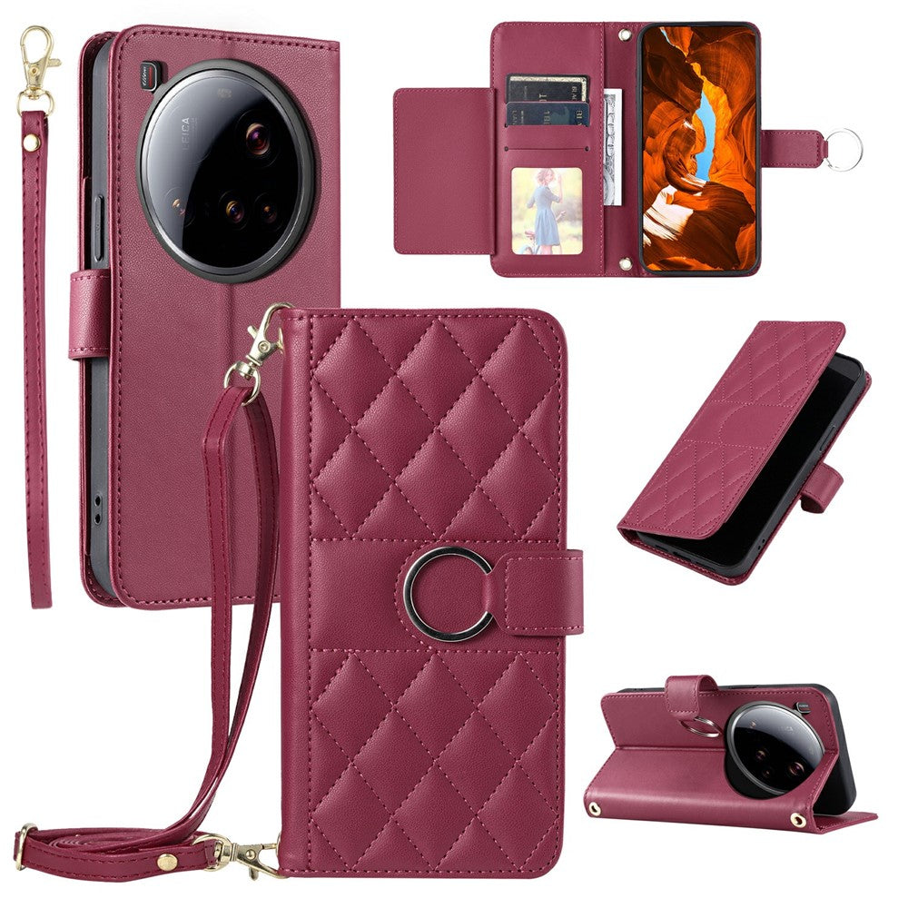 For Xiaomi 15 Ultra Case Ring Buckle Wallet Stand Rhombus Crossbody Leather Mobile Cover