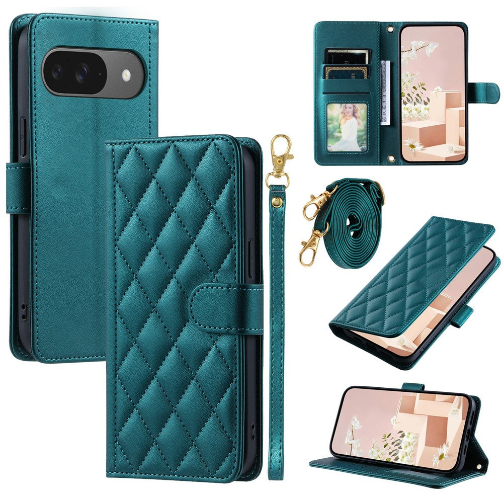Pixel 10 / 10 Pro / 9 / 9 Pro Wallet-Hülle – Rautenmuster mit Geldbörsenfunktion & Riemen