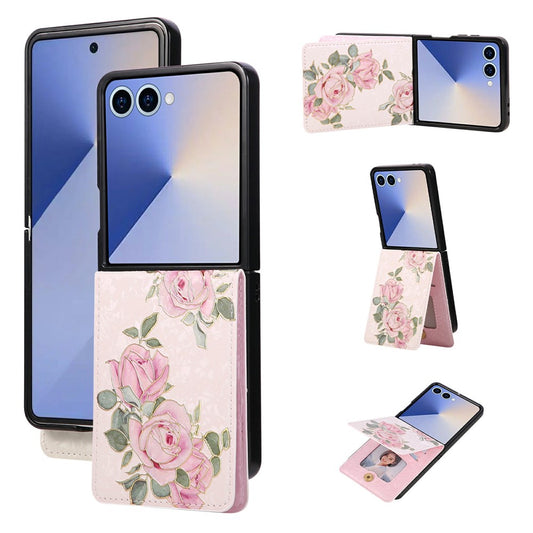 Galaxy Z Flip7 5G – Handyhülle aus Kunststoff und PU-Leder, mit Ständer, mit Kartenfach, mit RFID-Schutz, mit Blumenmotiv