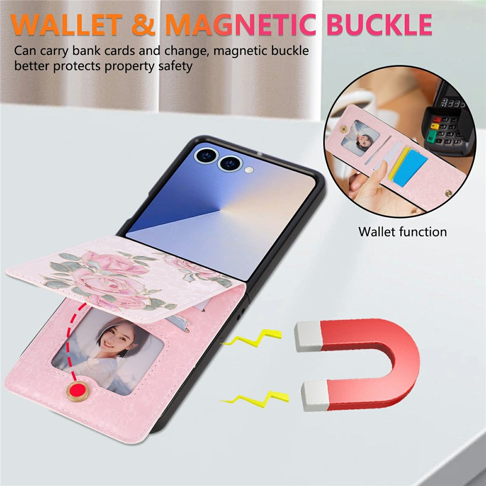 For Samsung Galaxy Z Flip7 5G Case Flower Leather PC RFID Blocking Phone Cover Card Slots