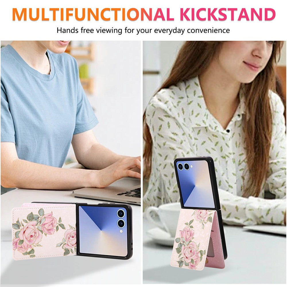 For Samsung Galaxy Z Flip7 5G Case Flower Leather PC RFID Blocking Phone Cover Card Slots