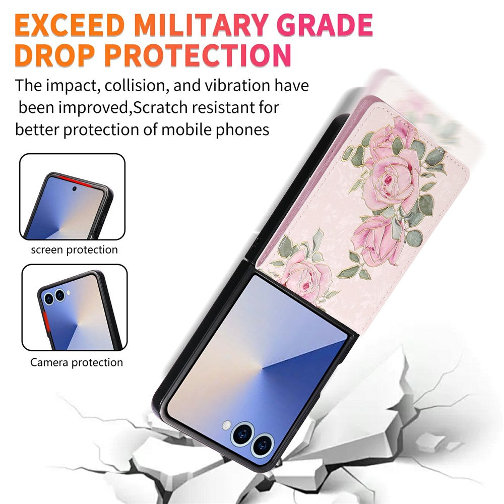 For Samsung Galaxy Z Flip7 5G Case Flower Leather PC RFID Blocking Phone Cover Card Slots