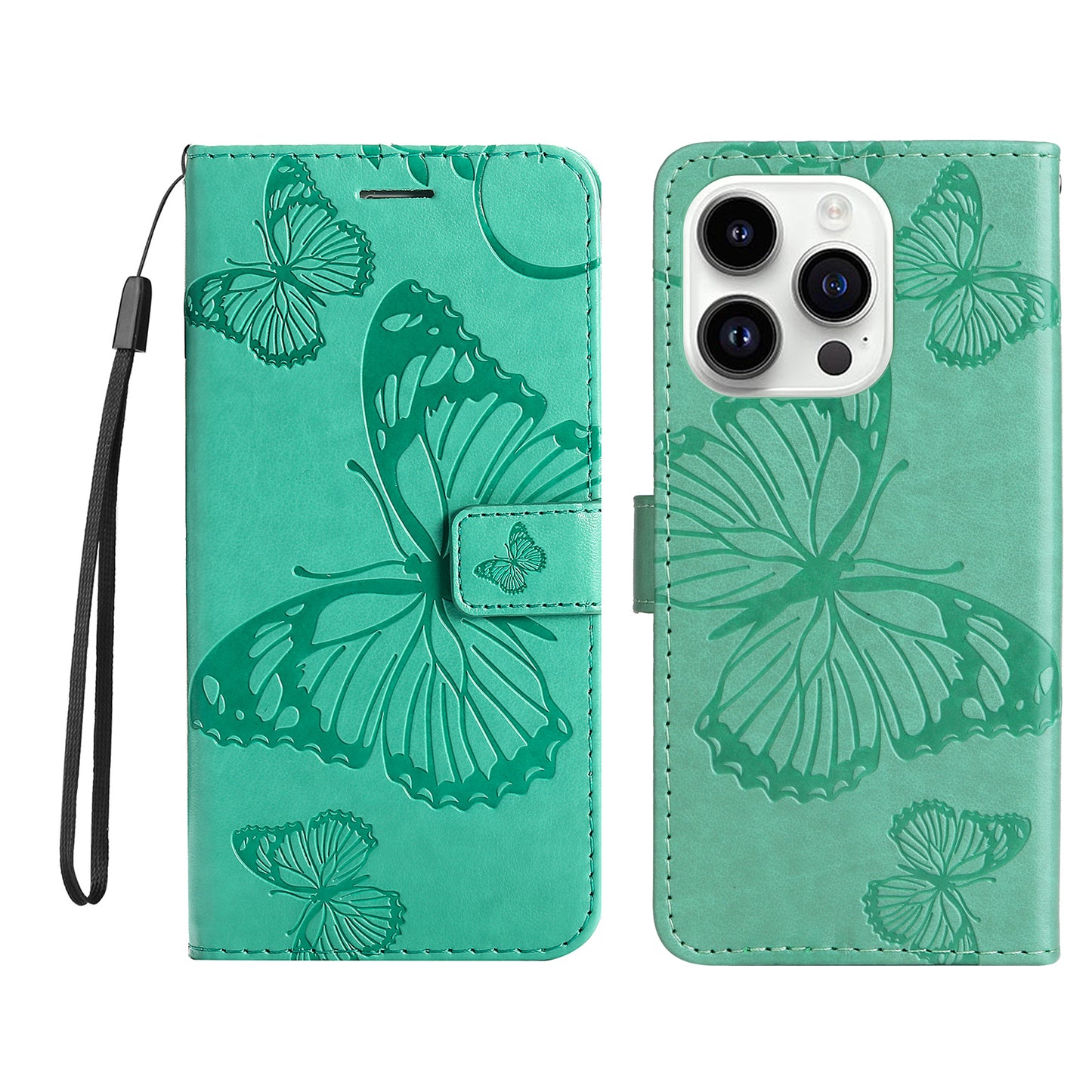 iPhone 15 Pro Wallet-Hülle – Schmetterling Aufgedruckt & Mit Ständer und Riemen