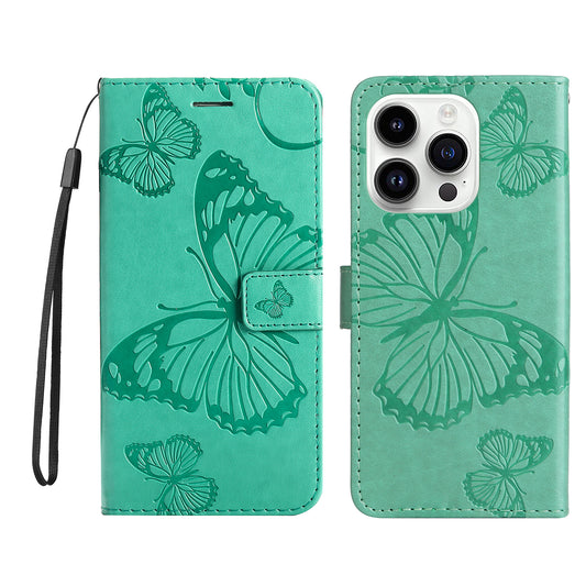 iPhone 15 Pro Wallet-Hülle – Schmetterling Aufgedruckt & Mit Ständer und Riemen