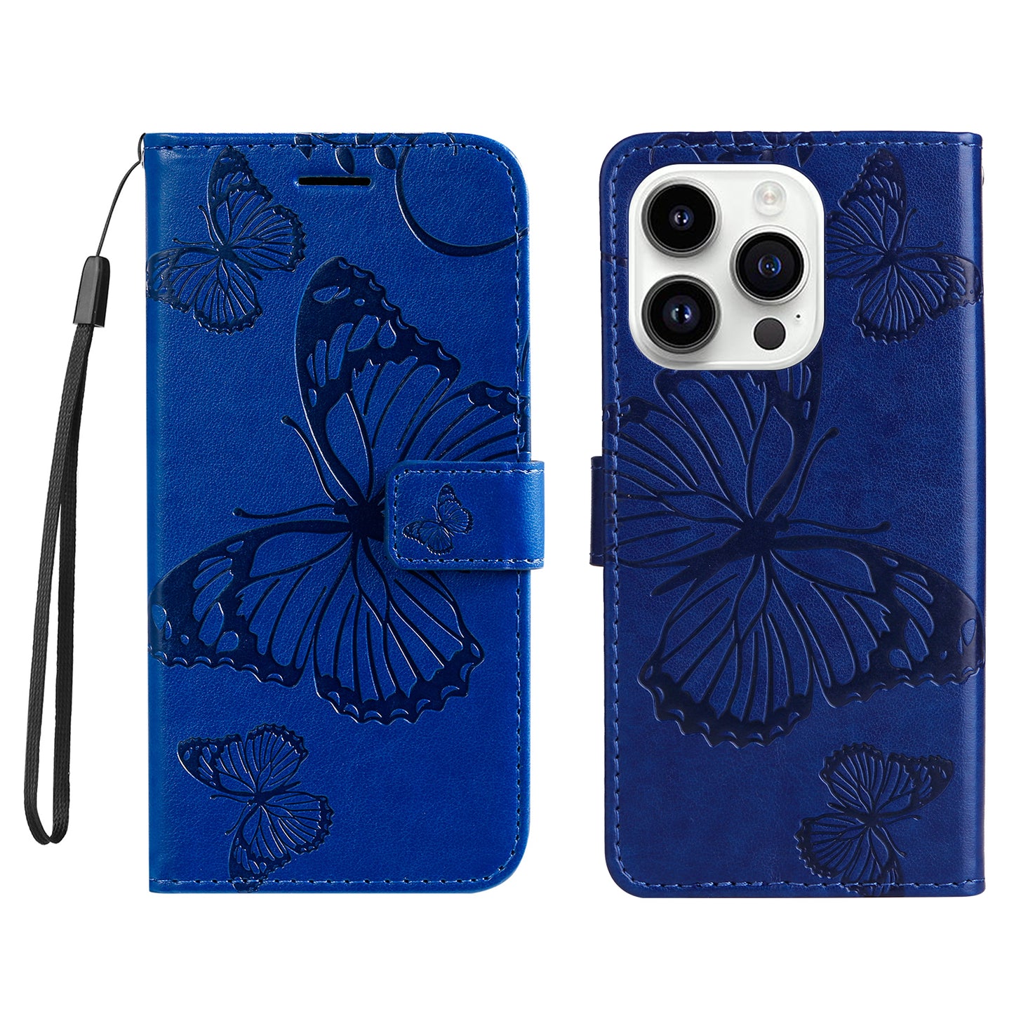 iPhone 15 Pro Wallet-Hülle – Schmetterling Aufgedruckt & Mit Ständer und Riemen