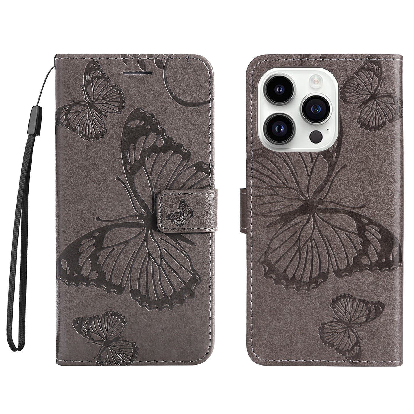 iPhone 15 Pro Wallet-Hülle – Schmetterling Aufgedruckt & Mit Ständer und Riemen
