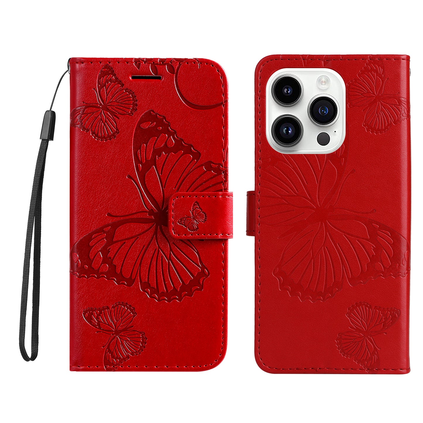iPhone 15 Pro Wallet-Hülle – Schmetterling Aufgedruckt & Mit Ständer und Riemen