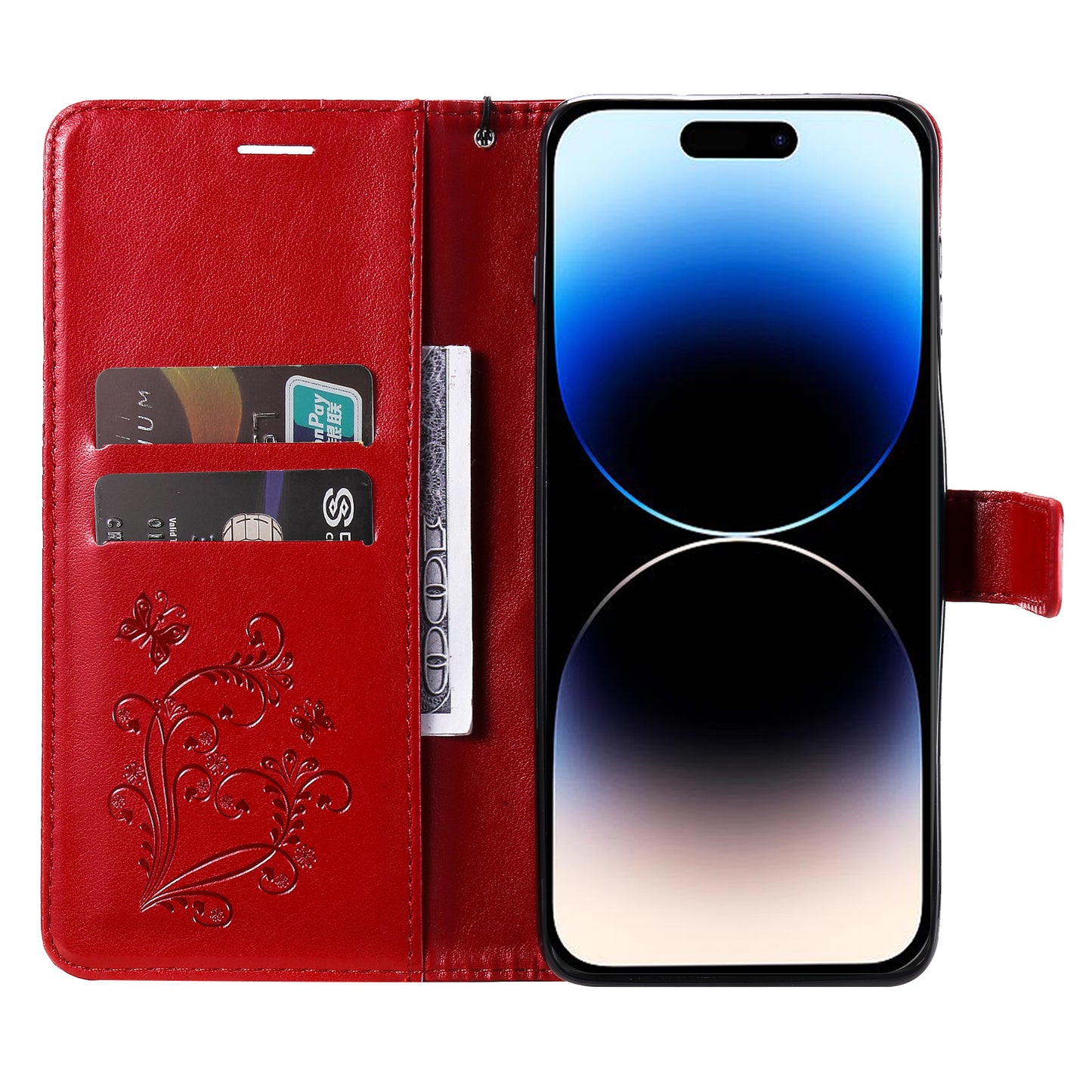 iPhone 15 Pro Wallet-Hülle – Schmetterling Aufgedruckt & Mit Ständer und Riemen