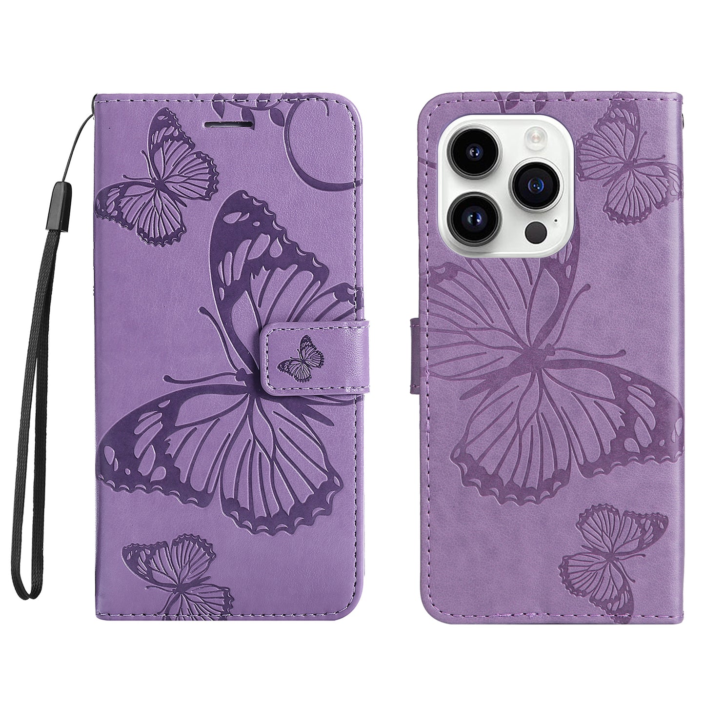 iPhone 15 Pro Wallet-Hülle – Schmetterling Aufgedruckt & Mit Ständer und Riemen