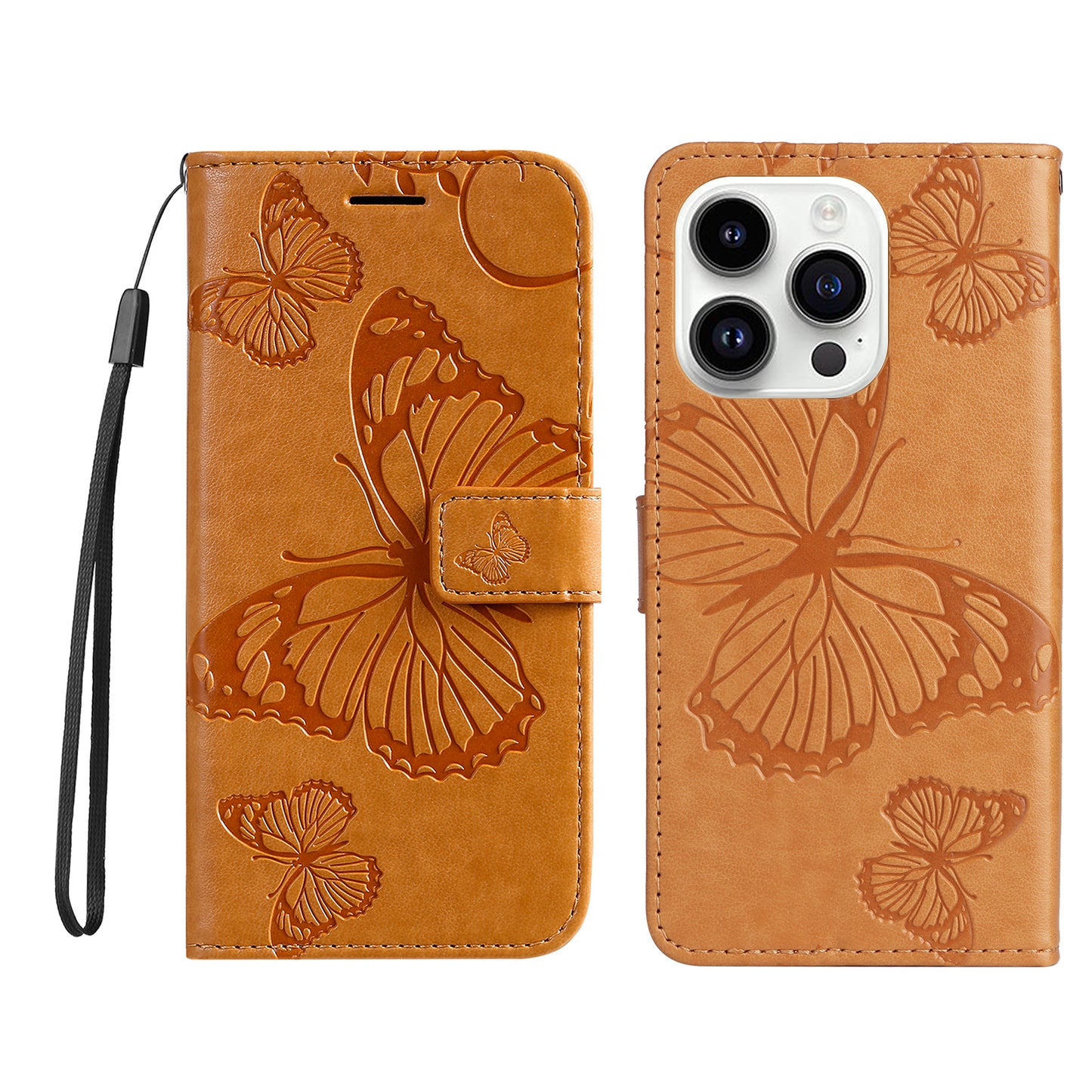 iPhone 15 Pro Wallet-Hülle – Schmetterling Aufgedruckt & Mit Ständer und Riemen