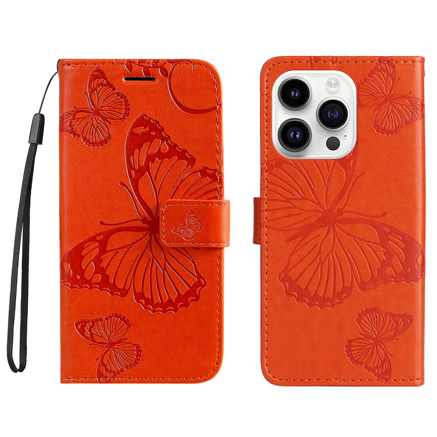 iPhone 15 Pro Wallet-Hülle – Schmetterling Aufgedruckt & Mit Ständer und Riemen