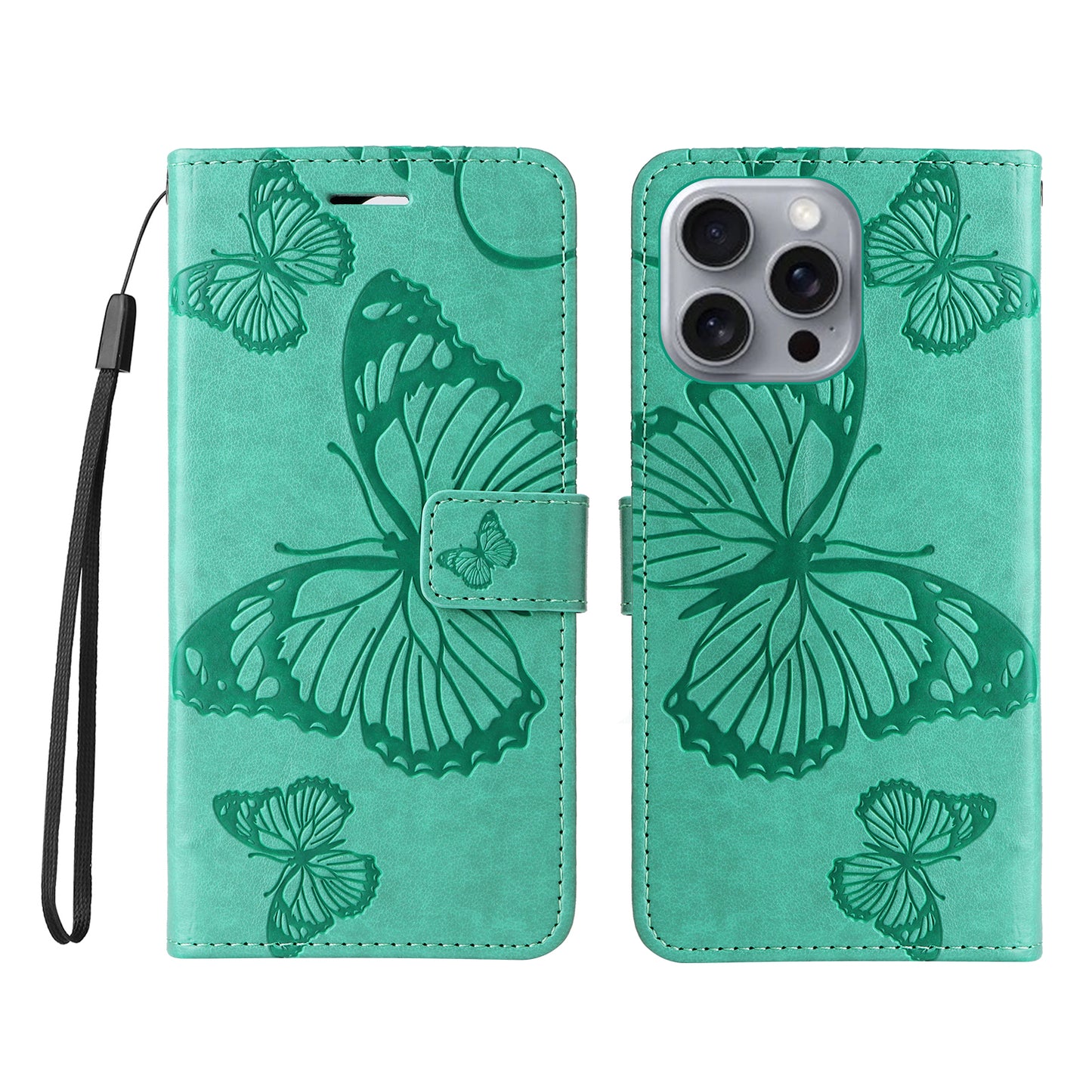 iPhone 16 Pro Max Wallet-Hülle – Schmetterling Aufgedruckt & Mit Ständer und Riemen