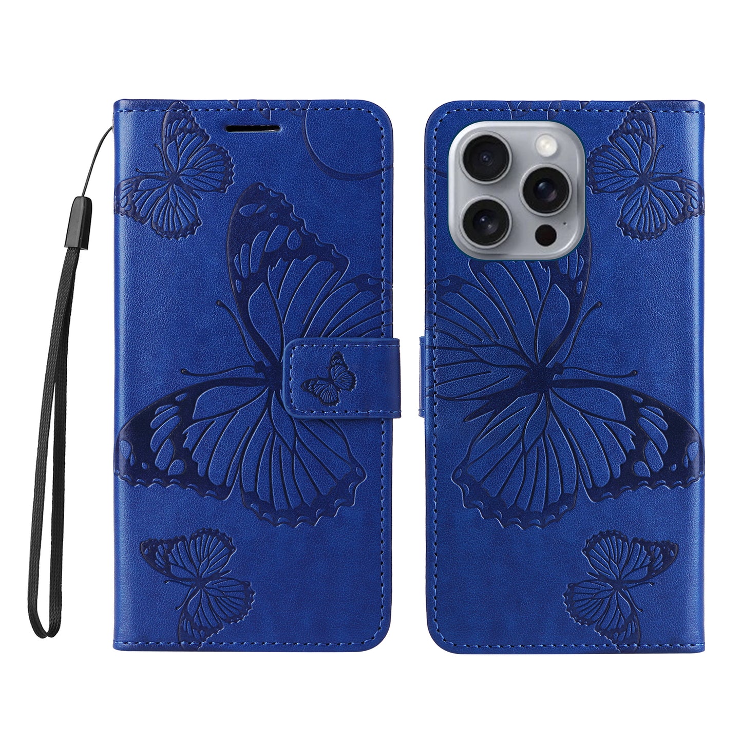 iPhone 16 Pro Max Wallet-Hülle – Schmetterling Aufgedruckt & Mit Ständer und Riemen