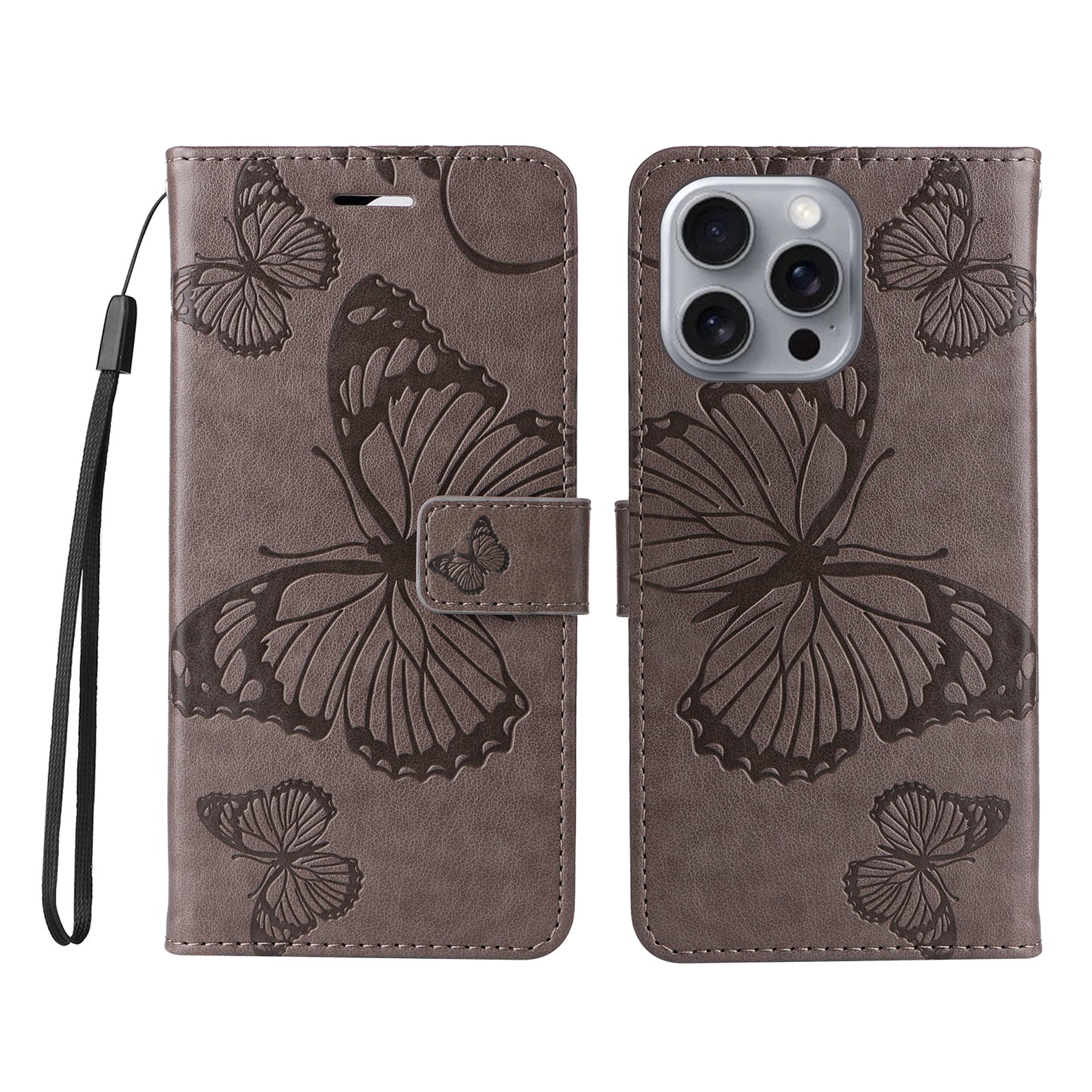 iPhone 16 Pro Max Wallet-Hülle – Schmetterling Aufgedruckt & Mit Ständer und Riemen