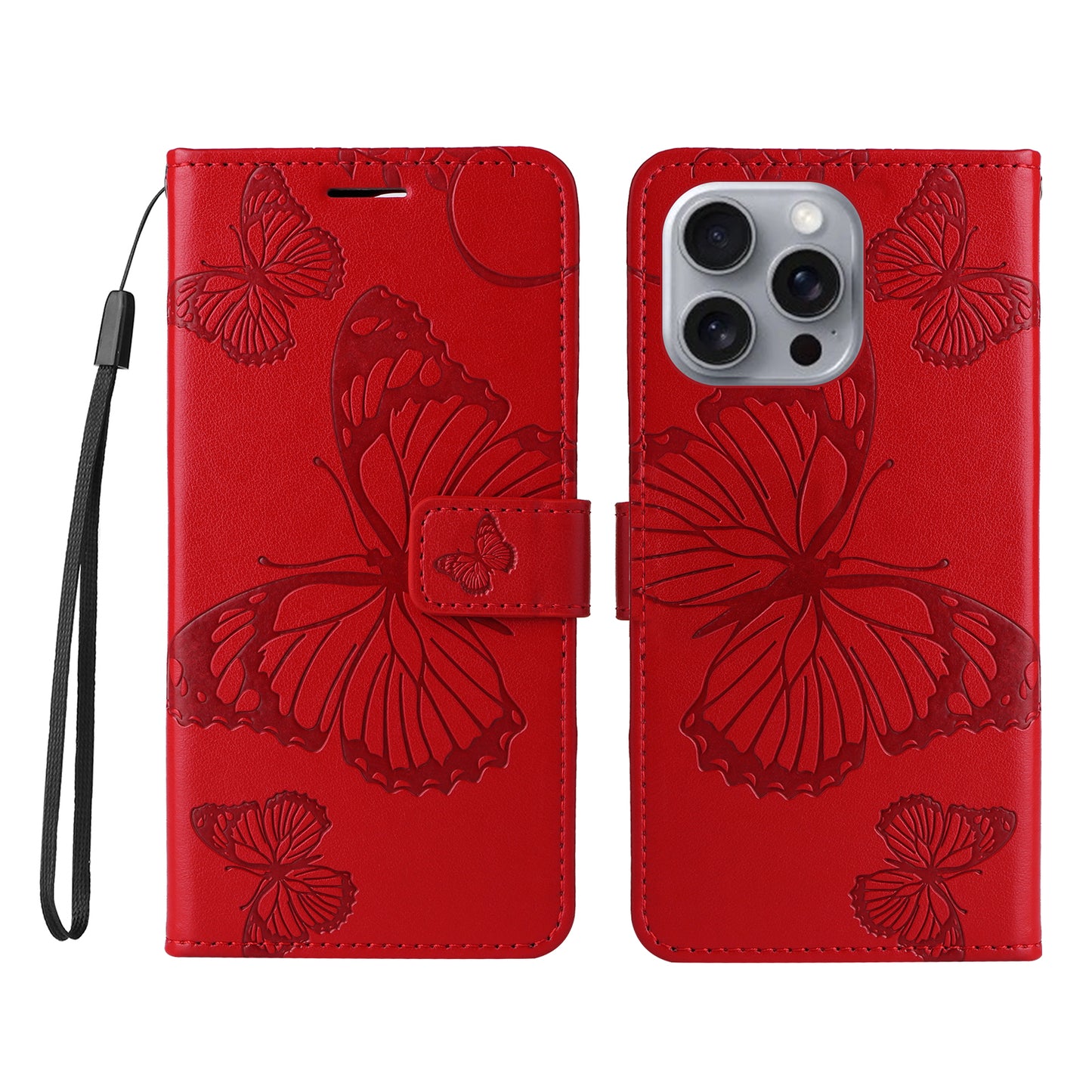 iPhone 16 Pro Max Wallet-Hülle – Schmetterling Aufgedruckt & Mit Ständer und Riemen