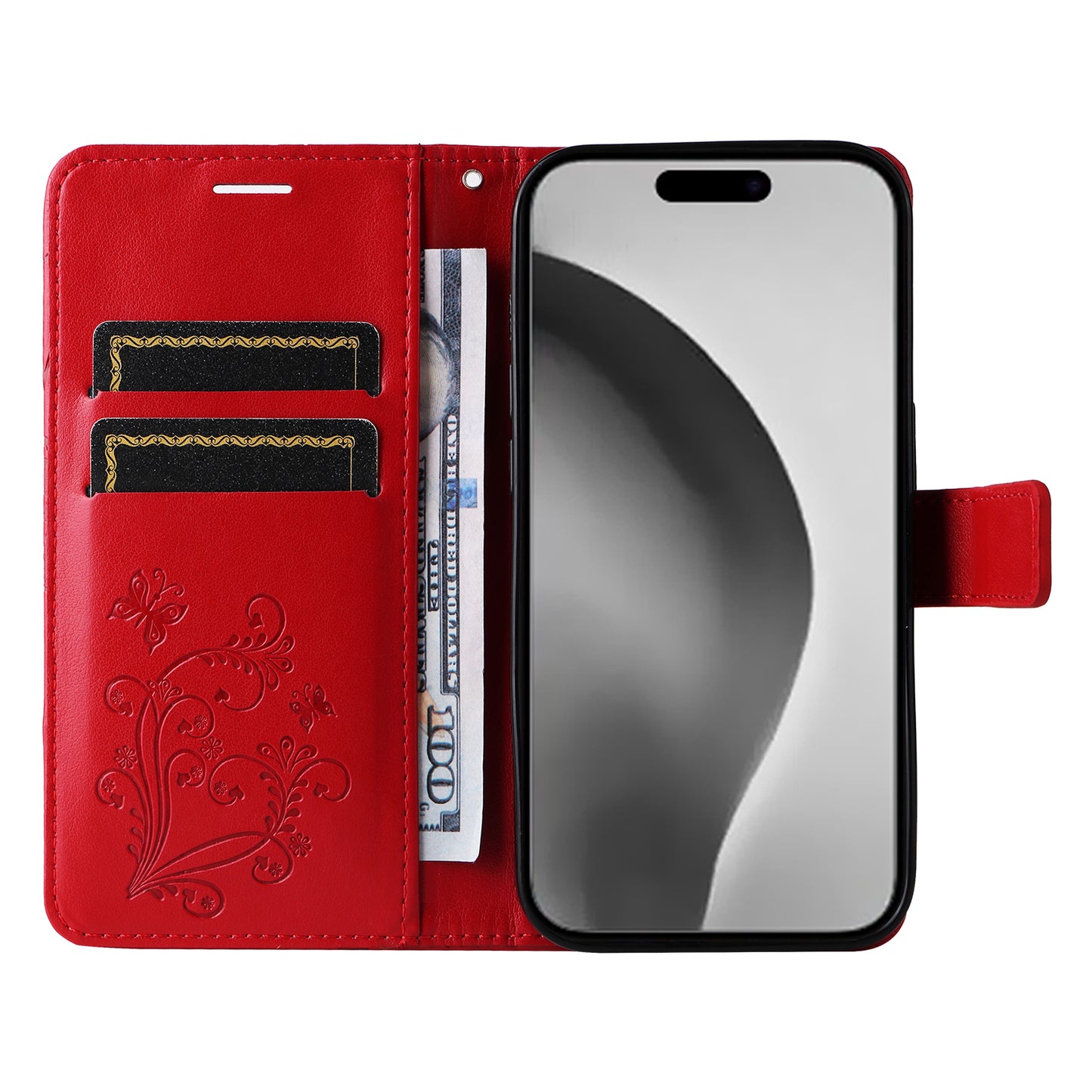 iPhone 16 Pro Max Wallet-Hülle – Schmetterling Aufgedruckt & Mit Ständer und Riemen