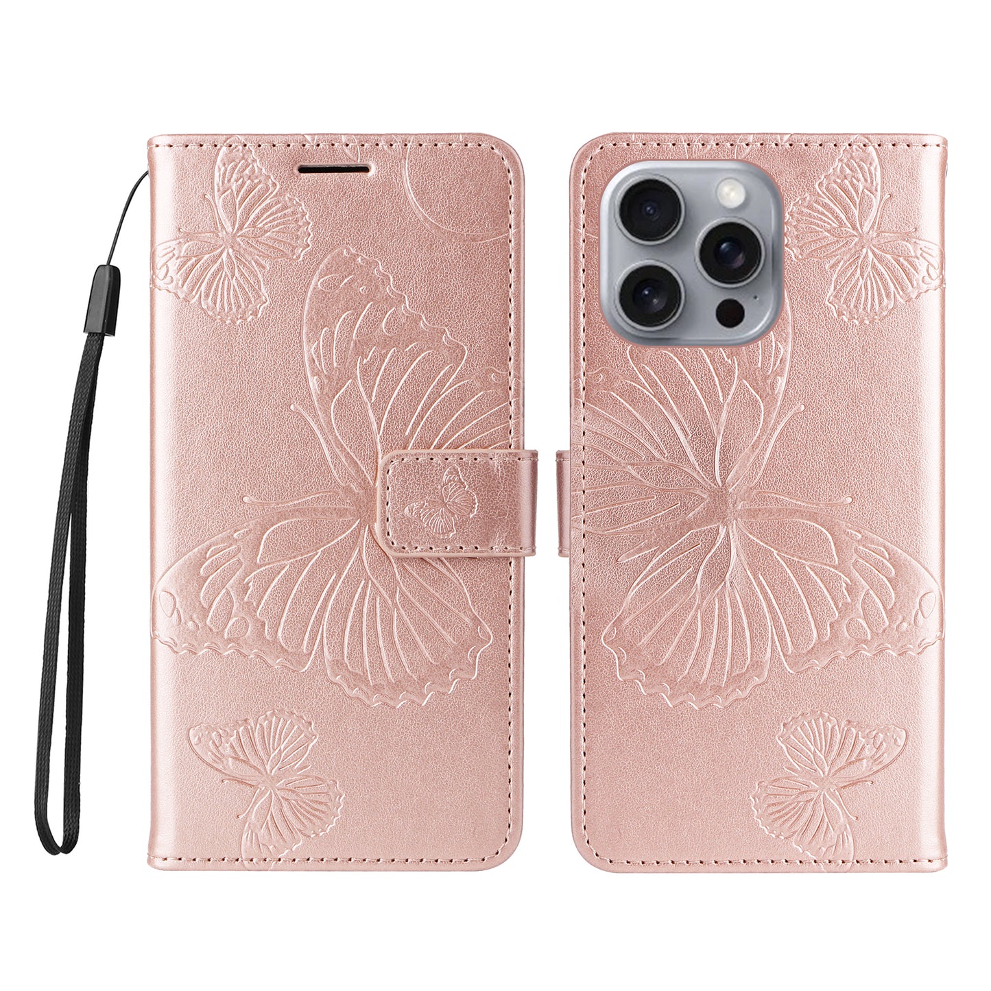 iPhone 16 Pro Max Wallet-Hülle – Schmetterling Aufgedruckt & Mit Ständer und Riemen
