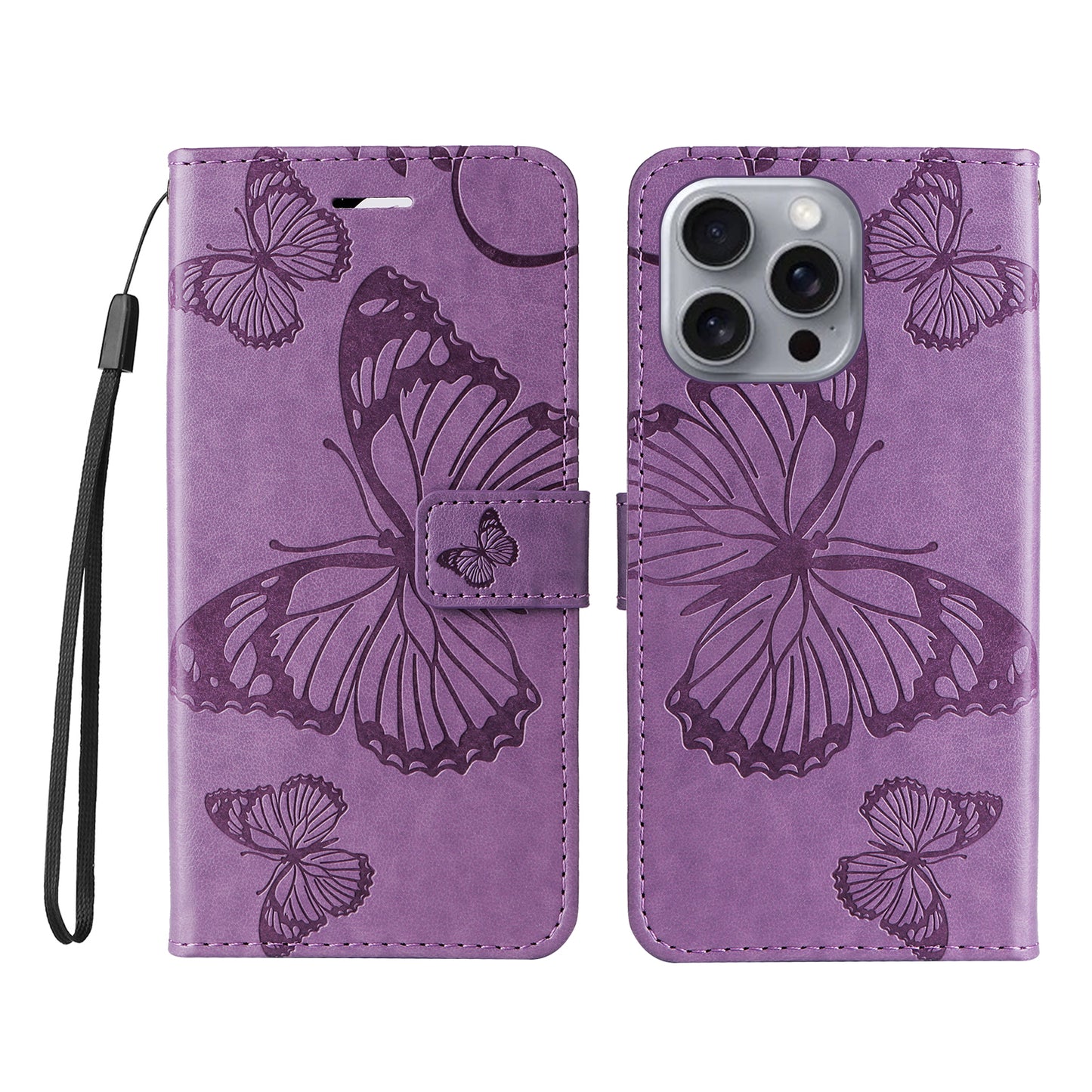 iPhone 16 Pro Max Wallet-Hülle – Schmetterling Aufgedruckt & Mit Ständer und Riemen