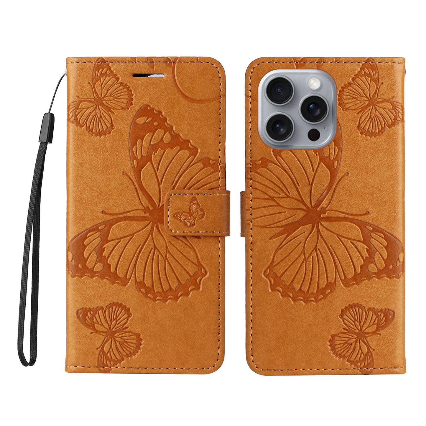 iPhone 16 Pro Max Wallet-Hülle – Schmetterling Aufgedruckt & Mit Ständer und Riemen