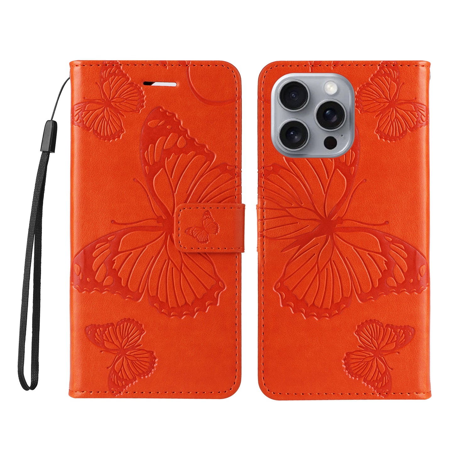 iPhone 16 Pro Max Wallet-Hülle – Schmetterling Aufgedruckt & Mit Ständer und Riemen