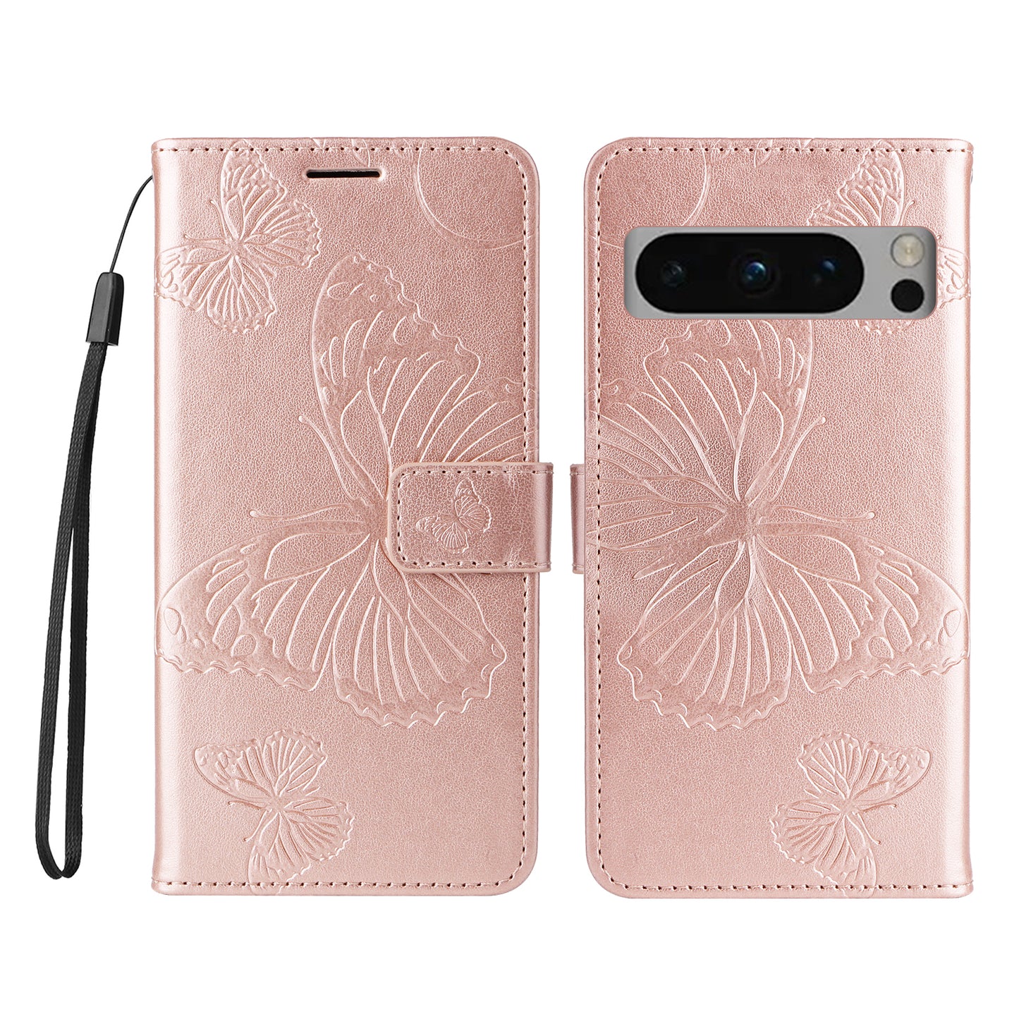 Pixel 8 Pro Wallet-Hülle – Schmetterling Aufgedruckt & Mit Ständer und Riemen