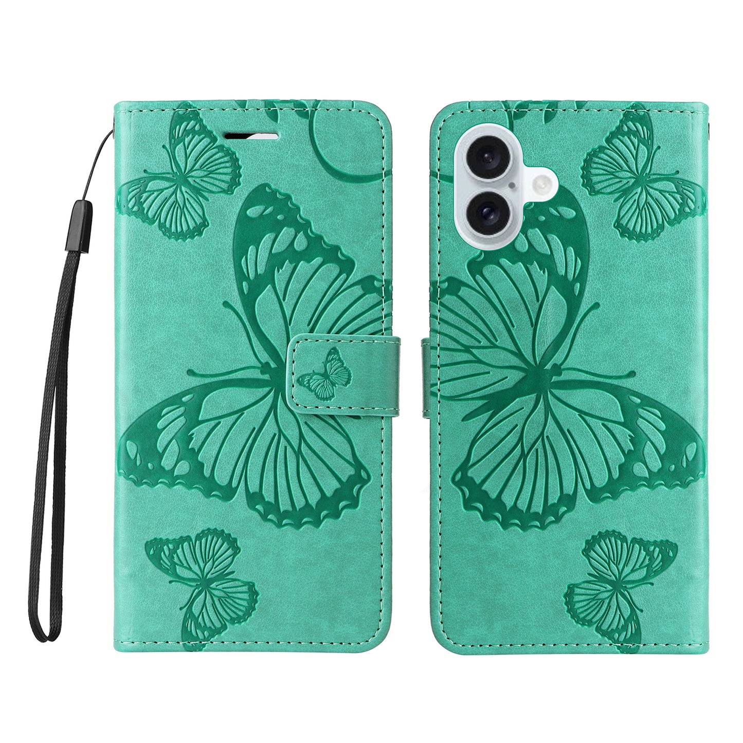 iPhone 16 Plus Wallet-Hülle – Schmetterling Aufgedruckt & Mit Ständer und Riemen