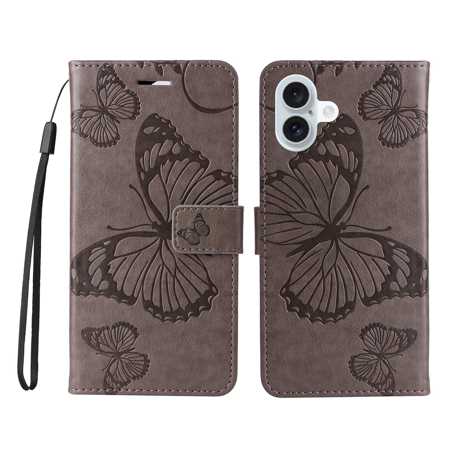 iPhone 16 Plus Wallet-Hülle – Schmetterling Aufgedruckt & Mit Ständer und Riemen