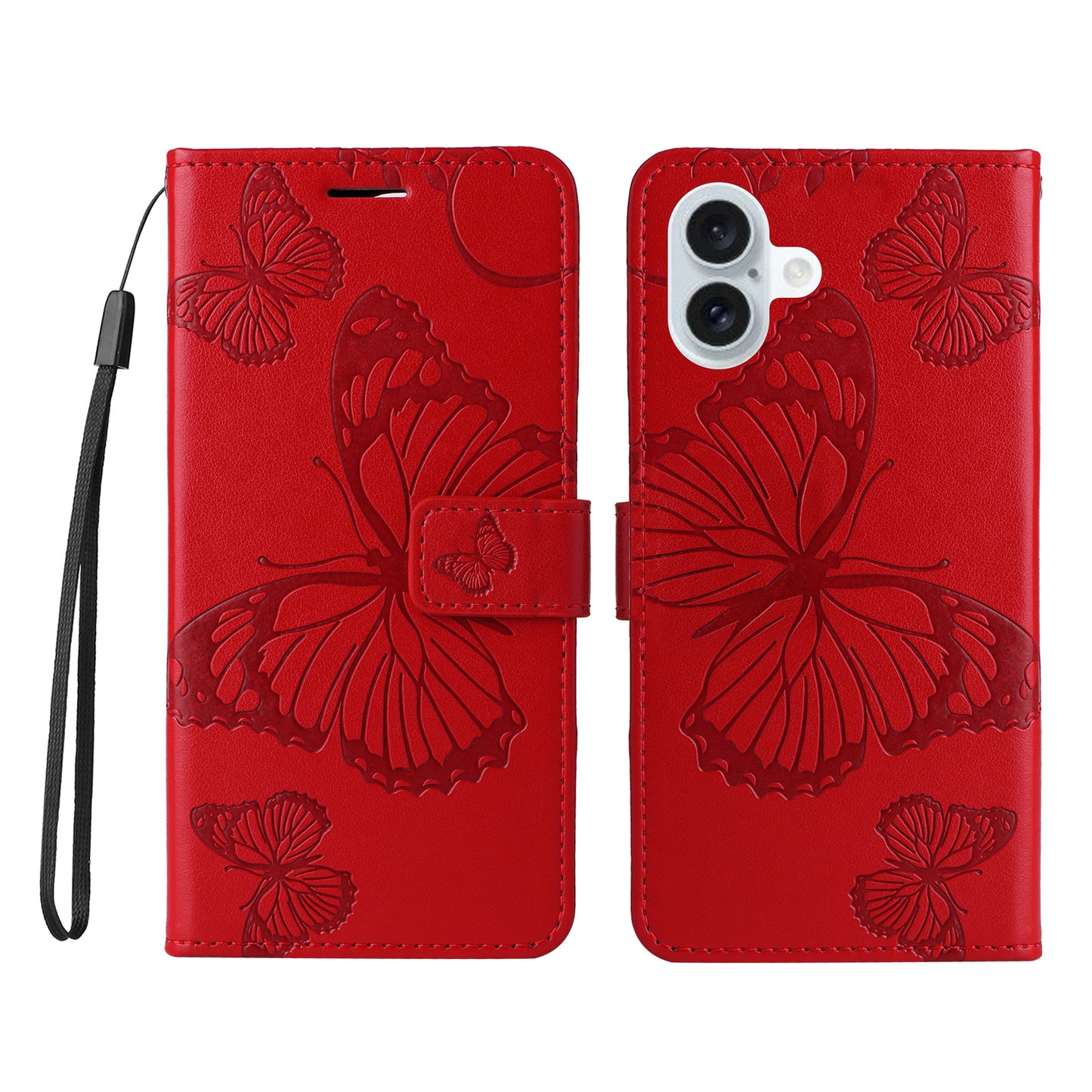 iPhone 16 Plus Wallet-Hülle – Schmetterling Aufgedruckt & Mit Ständer und Riemen