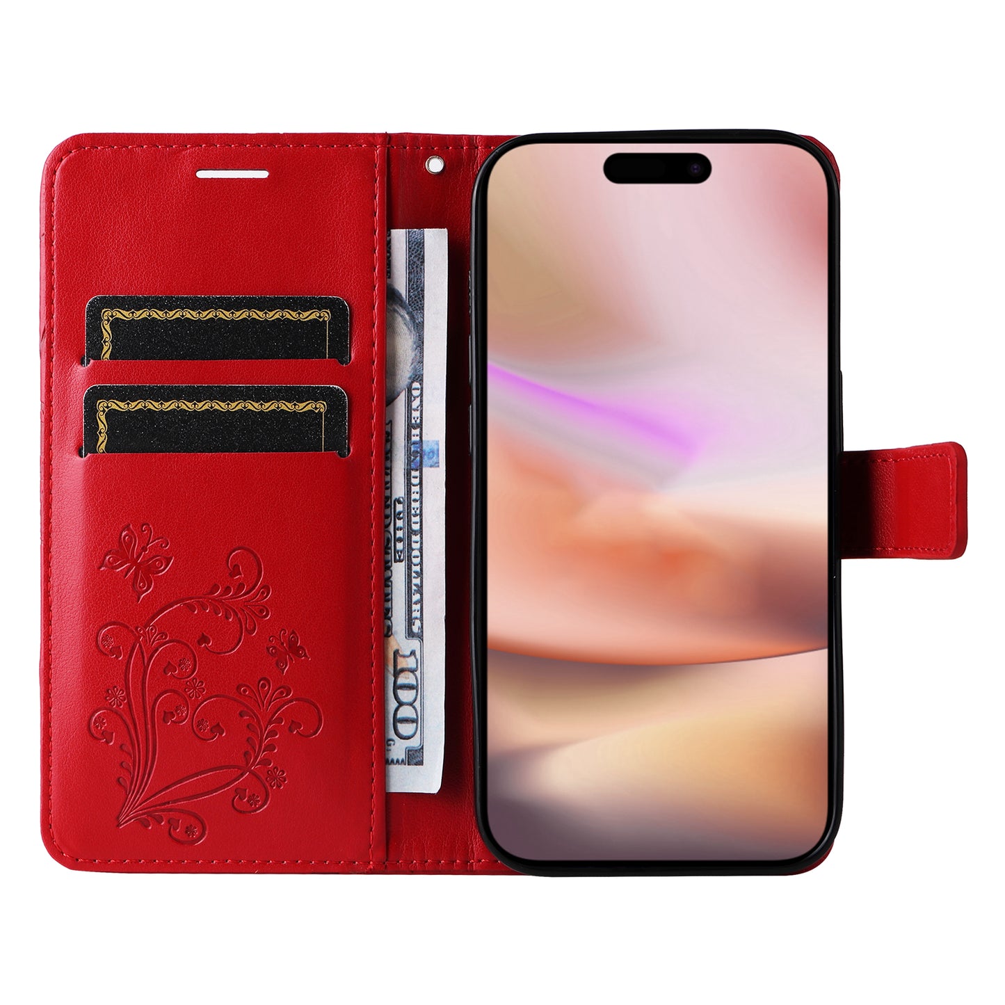 iPhone 16 Plus Wallet-Hülle – Schmetterling Aufgedruckt & Mit Ständer und Riemen